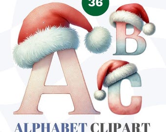 May include: Watercolor alphabet clipart featuring the letters A, B, and C, each adorned with a Santa hat. The letters are in a soft pink and blue gradient, with white fluffy trim on the hats. The image includes the text "ALPHABET CLIPART" and "Watercolor PNG 300 DPI".