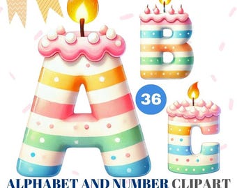 May include: Colorful alphabet and number clipart. The image features the letters A, B, and C, each designed to resemble a birthday cake with a lit candle on top. The letters are decorated with pastel stripes and polka dots. The number 36 is also present.