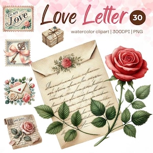 Carta de amor Acuarela Clipart Vintage Romántico PNG Floral Sobre Ilustraciones Carta Arte Gráficos de San Valentín 300 DPI Uso comercial