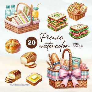 Watercolor Picnic Clipart, 28 png Summer Picnic Basket, Spring Picnic, Family brunch, Grill Food, Dinner, Picnic garden, Commercial Use.