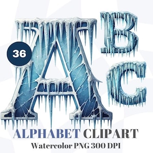 Conjunto de imágenes prediseñadas del alfabeto de hielo de invierno para manualidades navideñas, diseño digital, archivo PNG de 300 DPI, imágenes prediseñadas A-Z para uso comercial
