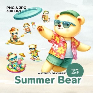Watercolor Summer Butter Bear Clipart Set - Cute Vacation Graphics - Tropical Bears - Beach Fun - Surfing, PNG