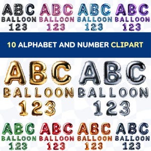 Bundle 10 Foil Balloon Alphabet and Number Clipart for Celebrations and Creative Design PNG A-Z Letters for Commercial Use for invitations