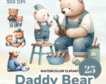 Clipart de acuarela de Papá Oso: Conjunto PNG del Día del Padre
