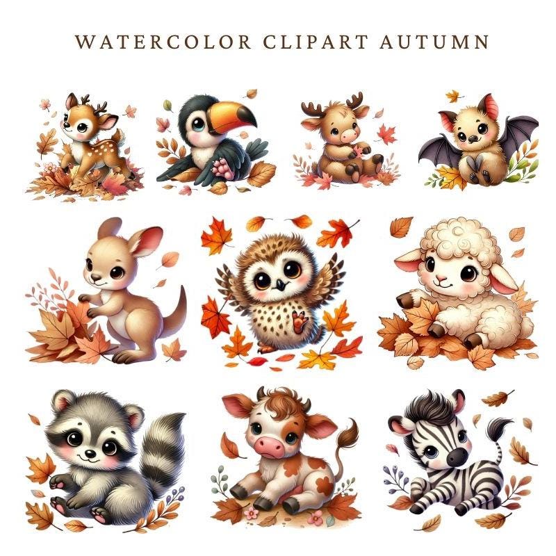 Autumn Woodland Animals Watercolor Clipart Set Cute Forest Animal ...