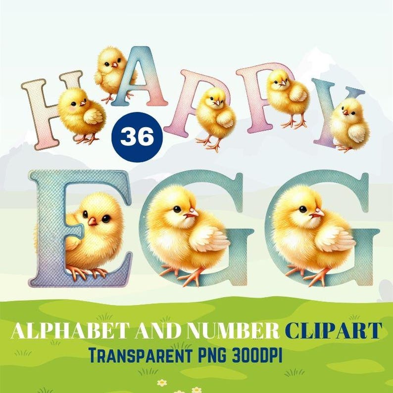 Watercolor Alphabet Clipart With Cute Baby Chicks, Pastel Letters and ...