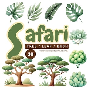 Op de afbeelding: Een set van 30 aquarel illustraties van safari bomen, bladeren en struiken. De illustraties zijn in tinten groen en bruin en zijn perfect om een vleugje natuur aan je ontwerpen toe te voegen.