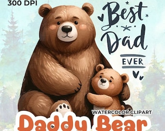 Clipart de acuarela de Papá Oso: Día del Padre PNG, JPG (Descarga digital)