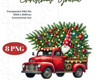 May include: A watercolor illustration of a red vintage truck carrying a Christmas tree decorated with ornaments and lights. A gnome wearing a red and white hat is in the driver's seat. The image includes the text "Christmas Gnome" and "8 PNG".