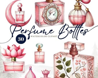 Klipart z flakonami perfum w akwareli: Vintage różowe szkło (pobranie cyfrowe)