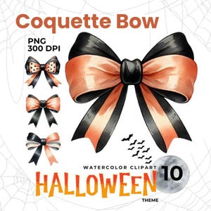 Halloween flirt boog clipart set aquarel zwart en oranje lint PNG hoge resolutie 300 DPI digitale strikken spookachtig thema voor uitnodigingen