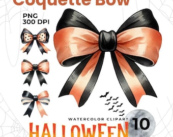 Clipart de laço de Halloween: Fita aquarela preta e laranja (PNG, 300 DPI)