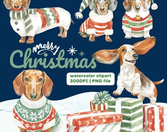 May include: Watercolor clipart featuring dachshunds and a basset hound in festive Christmas attire. The dogs wear sweaters, hats, and scarves in red, green, and white. The image includes gift boxes and the text "merry Christmas".