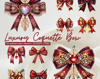 Red and Gold Coquette Bow Clipart: Watercolor Ribbon PNG (Digital Download)