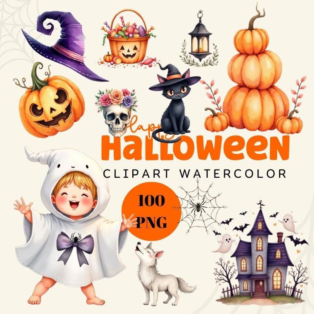 Cute Halloween Watercolor Clipart PNG With Witches Ghosts Candy Kids ...