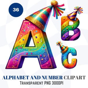 Clipart de alfabeto e número de festa com colorido para celebração e designs criativos PNG Letras A-Z para uso comercial para convites Cartão