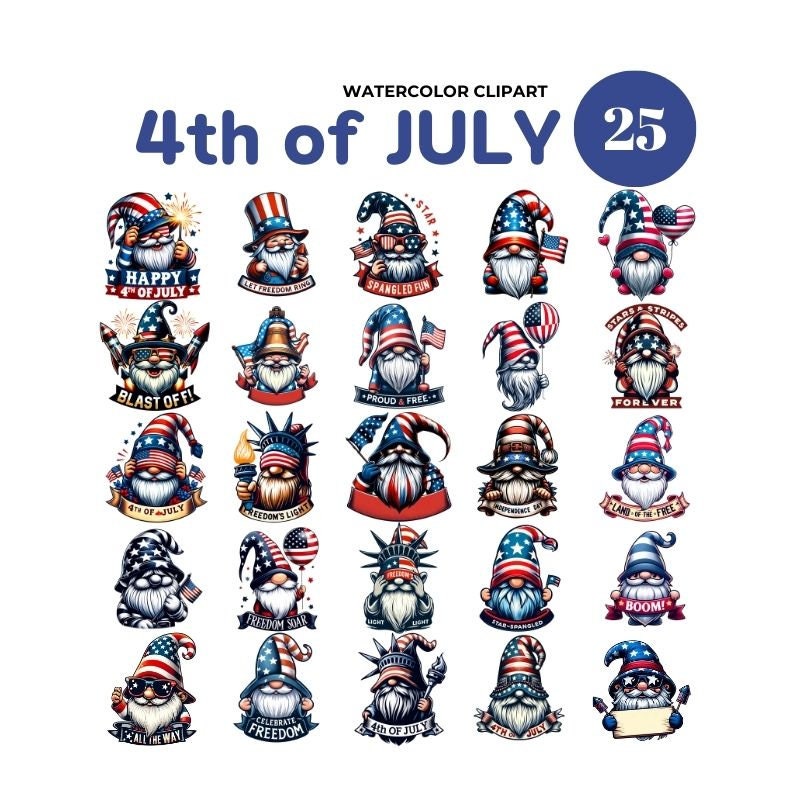 4th of July Watercolor Clipart Set, Patriotic Gnome PNG Bundle ...
