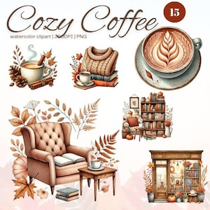 Cozy Coffee Watercolor Clipart Set Autumn Coffee Illustrations PNG Files 300 DPI Warm Fall Digital Art for Crafting Cozy vibes tea and book