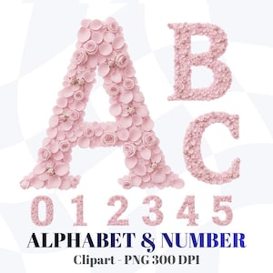 Könnte beinhalten: Rosa Buchstaben A, B und C sowie die Zahlen 0, 1, 2, 3, 4 und 5 aus Blütenblättern und kleinen Rosen. Der Text "ALPHABET & NUMBER" ist unter den Zahlen zu sehen.