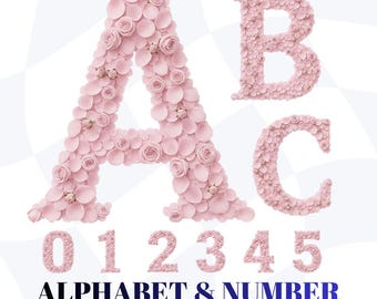 Pink rose alphabet clipart png letters and numbers floral initials for sublimation Digital Download