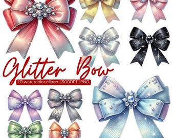May include: Ten watercolor illustrations of glitter bows with various colors and rhinestone embellishments. The bows are arranged in a collage on a white background. The text "Glitter Bow" is written in a stylized font below the bows.