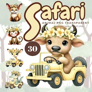 Watercolor Safari Animals Clipart: 30 Jungle Designs (PNG Digital Download)