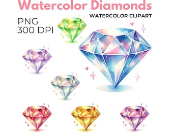 May include: Six watercolor illustrations of sparkling diamonds in various colors, including blue, green, purple, red, yellow, and pink. Each diamond is surrounded by small hearts and stars.