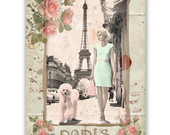PARIS Walk Girl with Poodle and Eiffel Tower, Printable Wall Art, Wall Posters, Digital Download, Art Poster, Downloadable Wall Art.
