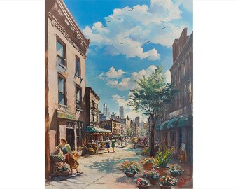 Retro New York City Street Scene, Printable Wall Art, Eclectic Wall Art, Oil Paint Style, Wall Art, Digital Download