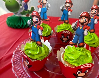 Adornos para cupcakes de Mario y Luigi: doble cara, decoración para fiesta gamer
