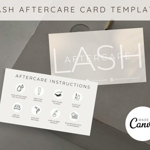 Könnte beinhalten: Eine weiße Karte mit dem Text "LASH AFTERCARE" in großer, fetter Schrift. Unter dem Text befindet sich eine kleinere Karte mit dem Text "AFTERCARE INSTRUCTIONS" und einer Liste von Anweisungen zur Wimpernpflege, darunter das Vermeiden von Nässe der Wimpern für 24 Stunden, das tägliche Waschen der Wimpern, das Vermeiden von ölbasierten Produkten und das Buchen regelmäßiger Nachbehandlungen. Die Karte enthält auch einen kleinen Kreis mit dem Text "MADE IN CANVA".