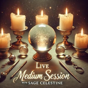 May include: A crystal ball sits on a gold stand surrounded by lit candles and small crystal balls. The text "LIVE Medium Session with SAGE CELESTINE" is below the crystal ball.