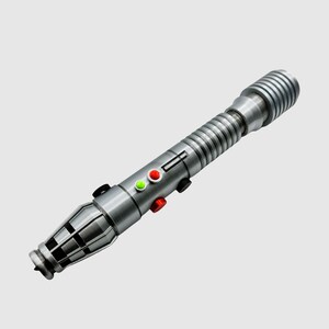 May include: A silver lightsaber with a black handle and a green and red light on the side. The lightsaber has a ribbed design and a black tip.