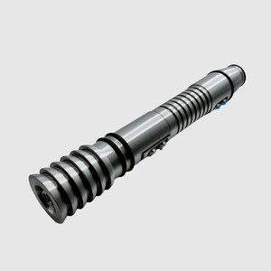 May include: A silver lightsaber with a textured grip and a black emitter. The lightsaber has a blue light saber blade.