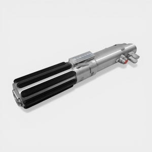 May include: A silver lightsaber prop with a black ribbed handle and a red button. The prop has a metallic finish and detailed mechanical components, suggesting a sci-fi or fantasy theme.