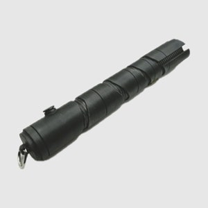 May include: A black lightsaber prop with a textured, spiral design. The lightsaber has a silver loop at the end.