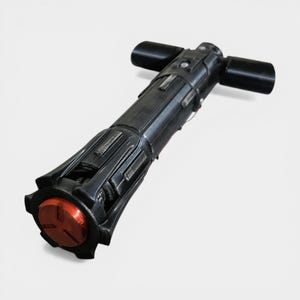 May include: A black lightsaber with a crossguard design and a red end cap. The hilt features detailed textures and a cylindrical body. The crossguard has two black, rectangular protrusions extending from the main body.