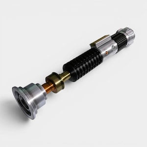May include: A cylindrical lightsaber hilt featuring a silver emitter, a copper-colored neck section, and a black ribbed grip. The handle includes a silver control box with a small circular button and a silver pommel cap at the base.