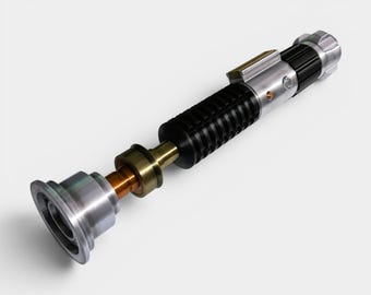 May include: A cylindrical lightsaber hilt featuring a silver emitter, a copper-colored neck section, and a black ribbed grip. The handle includes a silver control box with a small circular button and a silver pommel cap at the base.