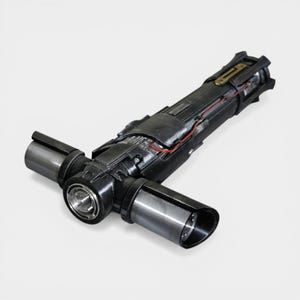 May include: A black lightsaber with a crossguard design. The hilt is black with silver accents and red wiring visible. The lightsaber has a detailed, mechanical appearance, suggesting a futuristic or sci-fi theme.