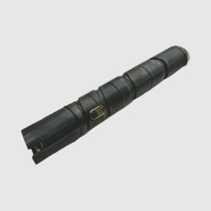 May include: A black lightsaber prop with a gold accent. The lightsaber is made of multiple sections that can be assembled together.
