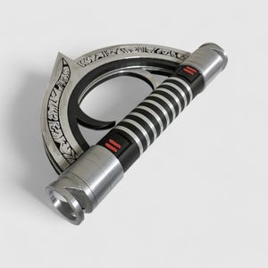 May include: A silver lightsaber with a black handle and a circular, engraved guard. The handle has black and silver stripes and two red buttons.