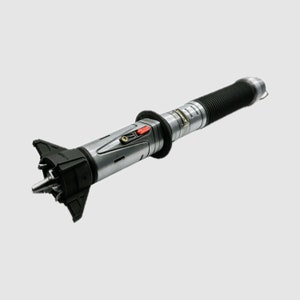 May include: A silver and black lightsaber with a red button and a black ribbed handle.