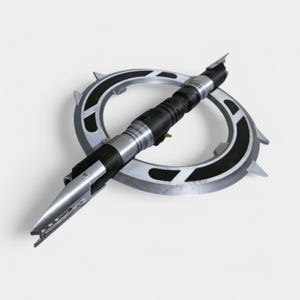 May include: A silver and black lightsaber with a circular guard. The lightsaber is in a defensive position with the blade retracted.