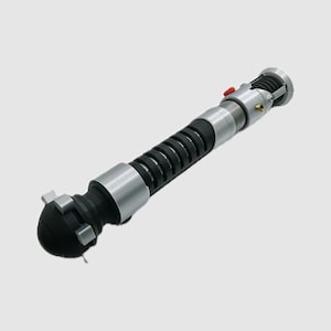 May include: A silver and black lightsaber with a black handle and a silver blade. The lightsaber has a red button on the side.