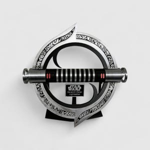 May include: A silver lightsaber with black accents and red buttons, mounted on a circular stand with intricate engravings. The stand has a black plaque with the text "STAR WARS Seventh Sister Lightsaber".