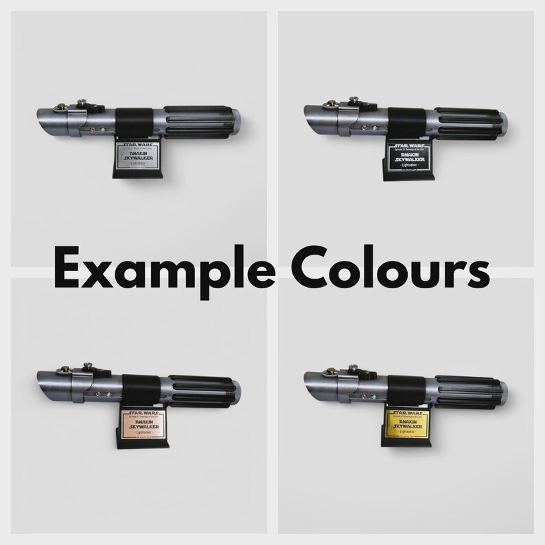 May include: Four silver lightsaber replicas with black handles and a gold plaque that reads "STAR WARS  DARTH VADER  LIGHT SABER". Example Colours.