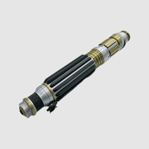 May include: A black and silver lightsaber with gold accents. The lightsaber has a textured black grip and a silver blade holder.