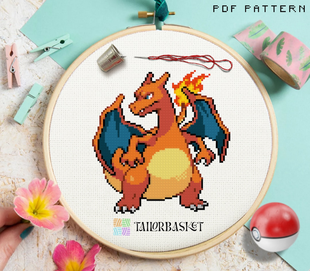 Charizard Cross Stitch Pattern, Embroidery Stitch Tutorial, Pokemon