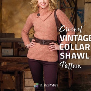 May include: A woman wearing a crocheted vintage collar shawl in a peach color. The shawl has a button detail and a wide, angled collar. She is wearing a brown belt and dark brown pants. The text "Crochet Vintage Collar Shawl Pattern" is superimposed on the image.